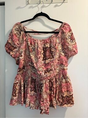 Pink Boho Peasant Top with Paisley Medallion Print size 12 stretchy